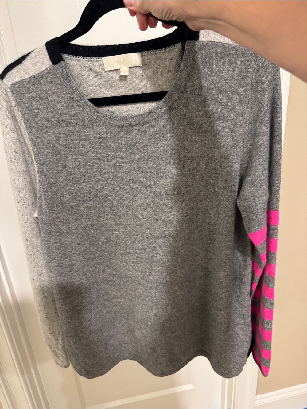 Women's Gray Crewneck Sweater with Pink Striped Sleeve